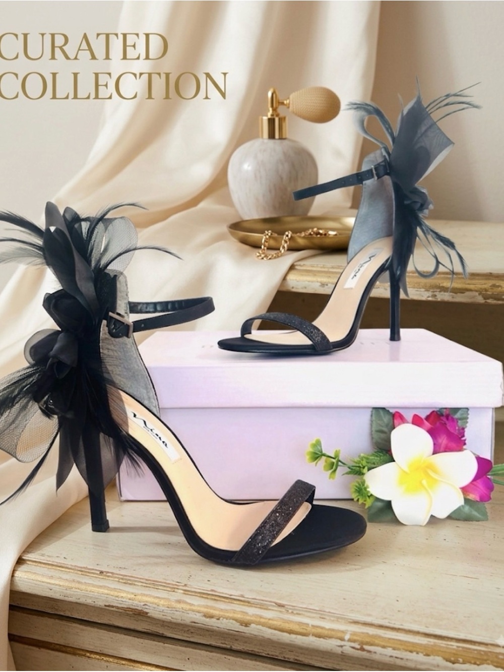 NINA  Black Ankle-Strap Stilettos w/Glitter and Feather Design Peep Toe Elegance